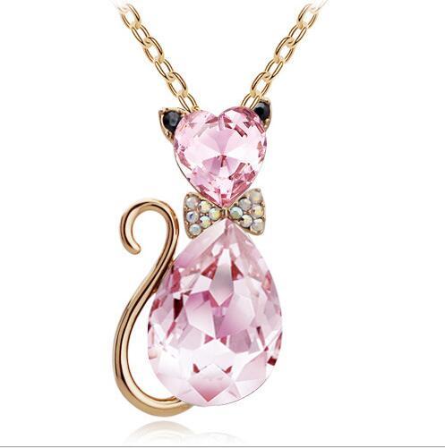 Cat bow crystal necklace pink - cute cat pendant with bow tie