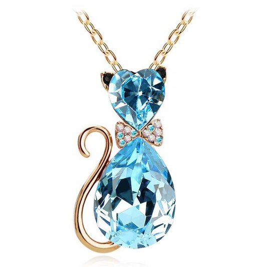 Cat bow crystal necklace ocean blue - kawaii kitty pendant jewelry