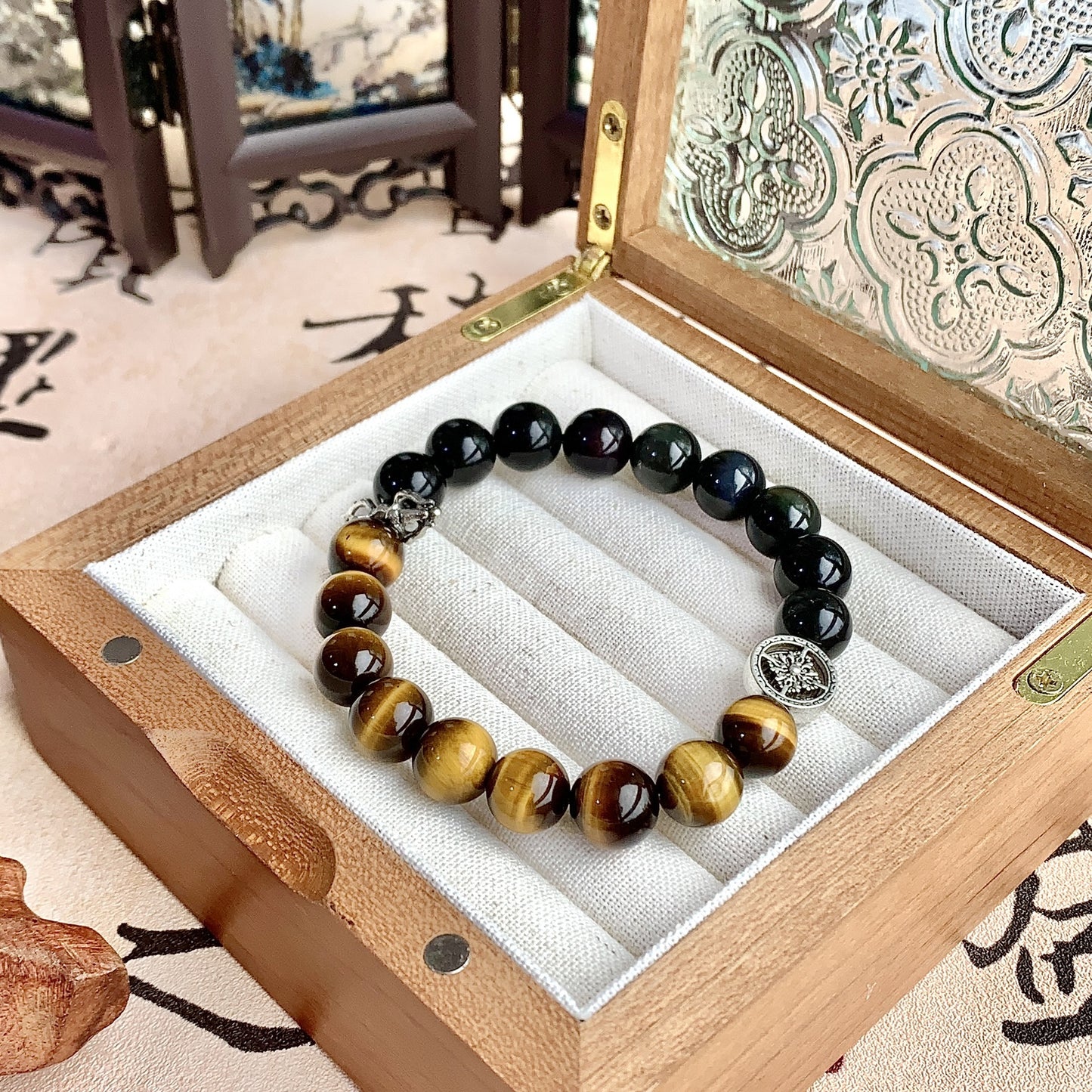 Golden Tiger Eye Silver Crystal Bracelet - Natural Gemstone
