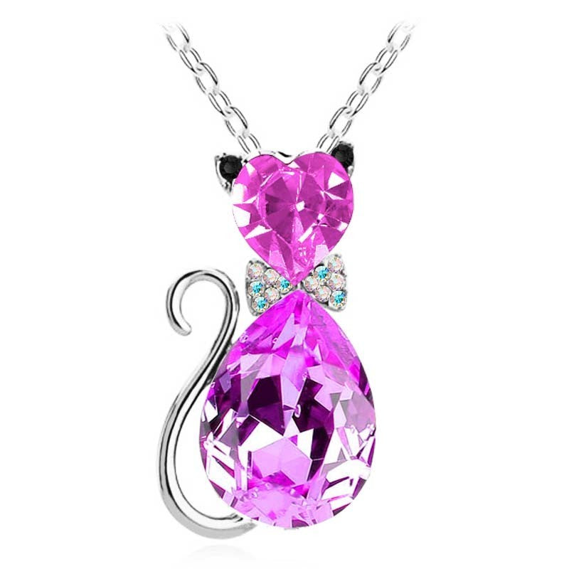 Cat Bow Crystal Necklace - Kawaii Kitty Pendant Jewelry