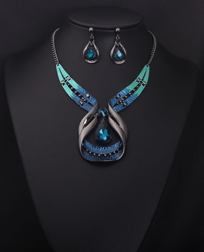 Blue crystal clavicle necklace - side angle view