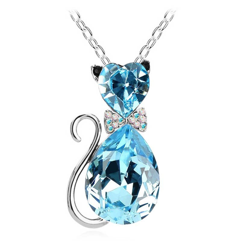 Cat Bow Crystal Necklace - Kawaii Kitty Pendant Jewelry