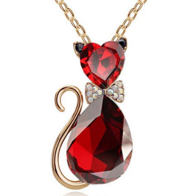 Cat bow crystal necklace red - sparkling kitty pendant
