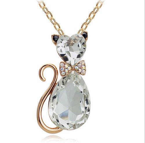 Cat bow crystal necklace white - crystal cat pendant