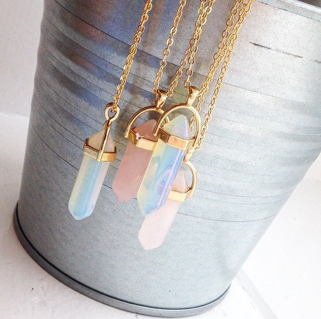 Opal Crystal Pendant Necklace - Golden Chain Gemstone