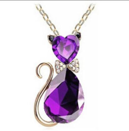 Cat bow crystal necklace purple - kawaii cat jewelry