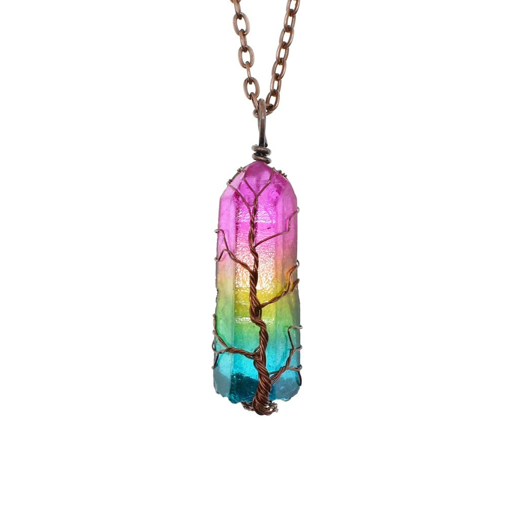 Colorful crystal tree of life pendant with rainbow stone chips