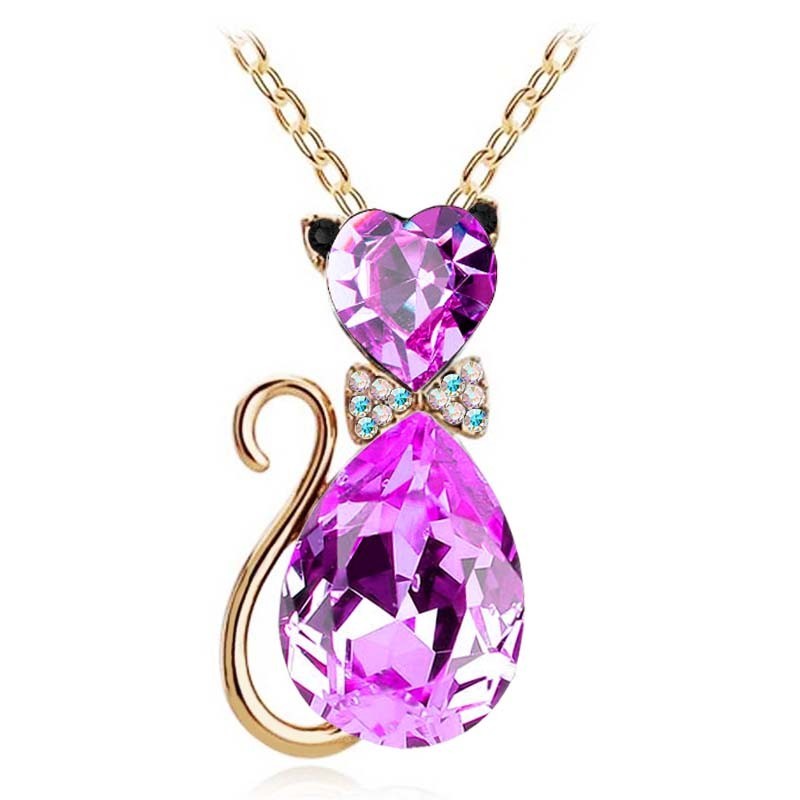 Cat bow crystal necklace violet - kawaii kitty accessory