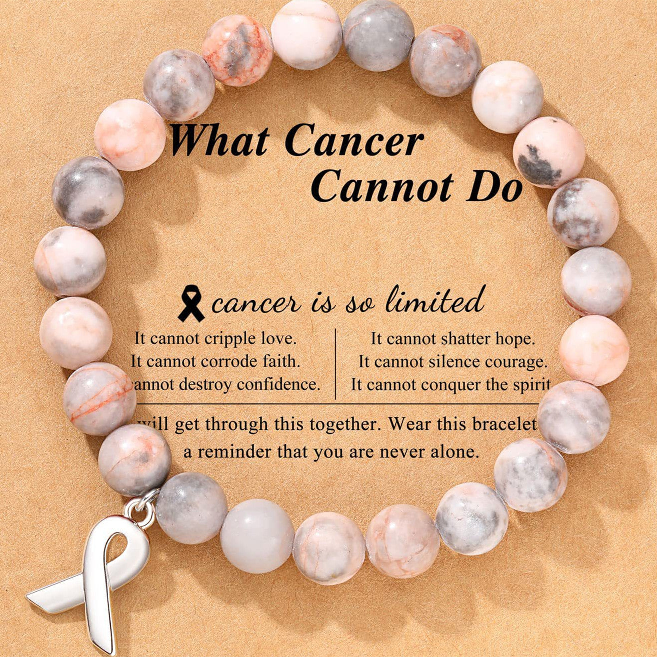 Rhodochrosite bow bracelet with pink ribbon charm on wrist