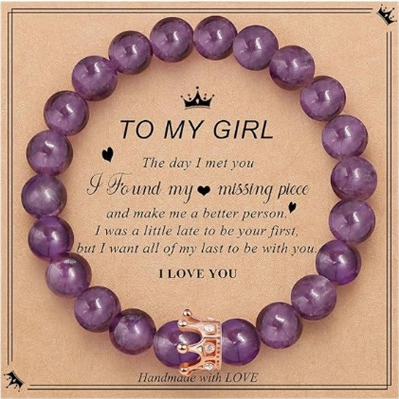 Handcrafted elastic string crystal bracelet - close up of 8mm natural stone beads