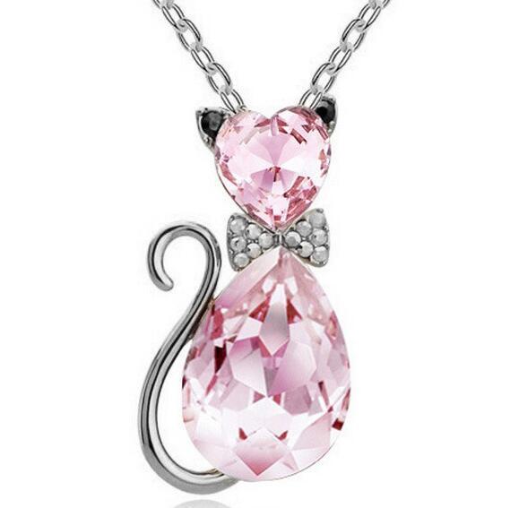 Cat Bow Crystal Necklace - Kawaii Kitty Pendant Jewelry