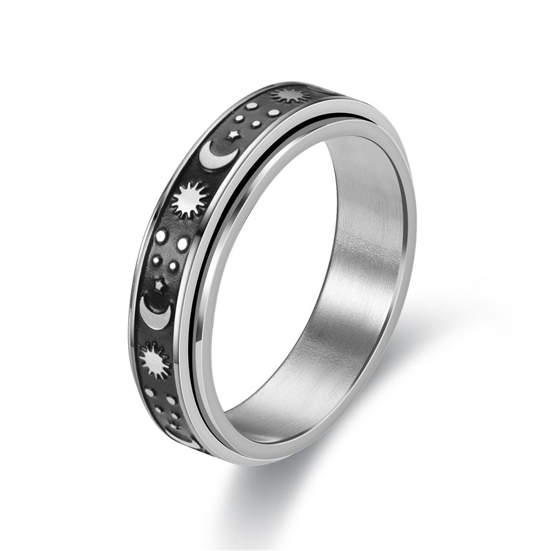 Retro Rotating Rotating Anxiety Men's Ring Moon Star Silver Black Stainless Steel Rotating Ring - My Store
