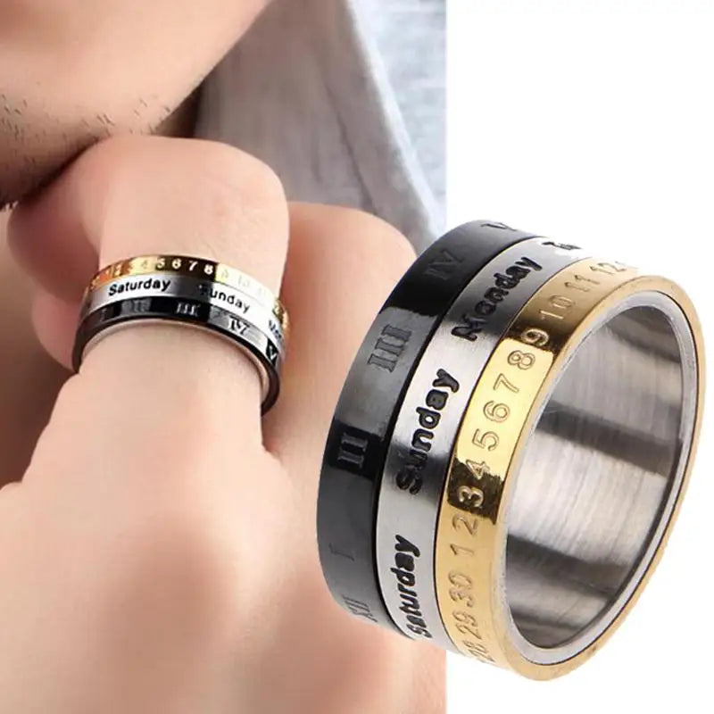 Stainless steel Roman digital fashion punk rotating pressure-resistant ring jewelry - My Store