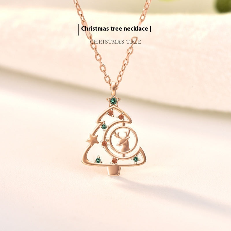 S925 Elk Christmas Tree Necklace Fashion Ins Style Zircon Clavicle Chain Women's Jewelry - My Store