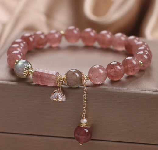 Natural pink quartz bracelet with zircon accents gift packaging