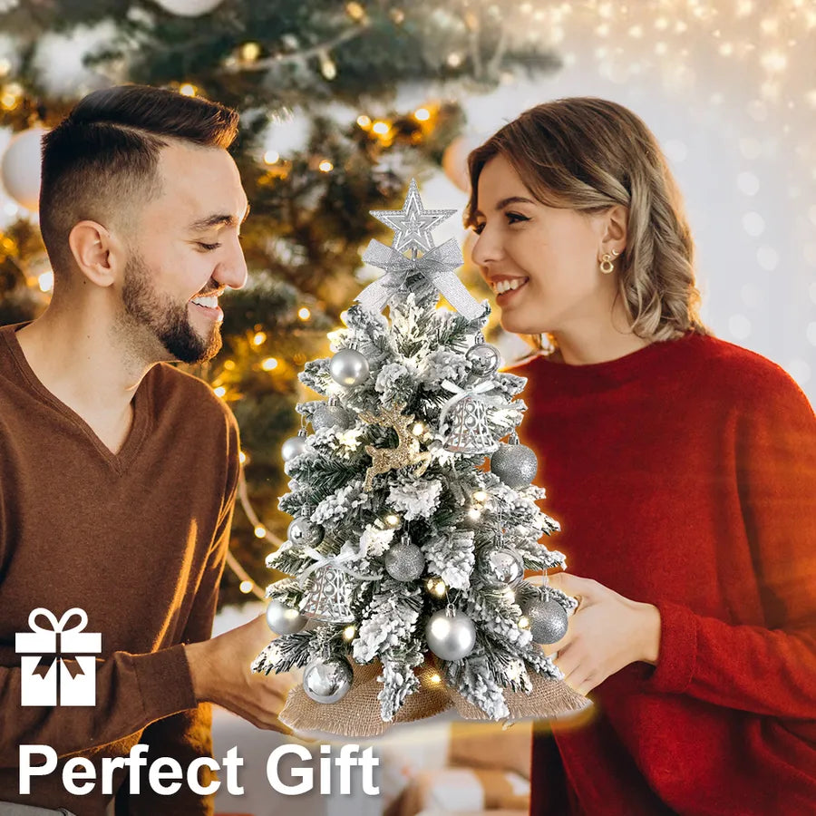 2ft Mini Christmas Tree With Light Artificial Small Tabletop Christmas Decoration With Flocked Snow, Exquisite Decor & Xmas Ornaments For Table Top For Home & Office - My Store