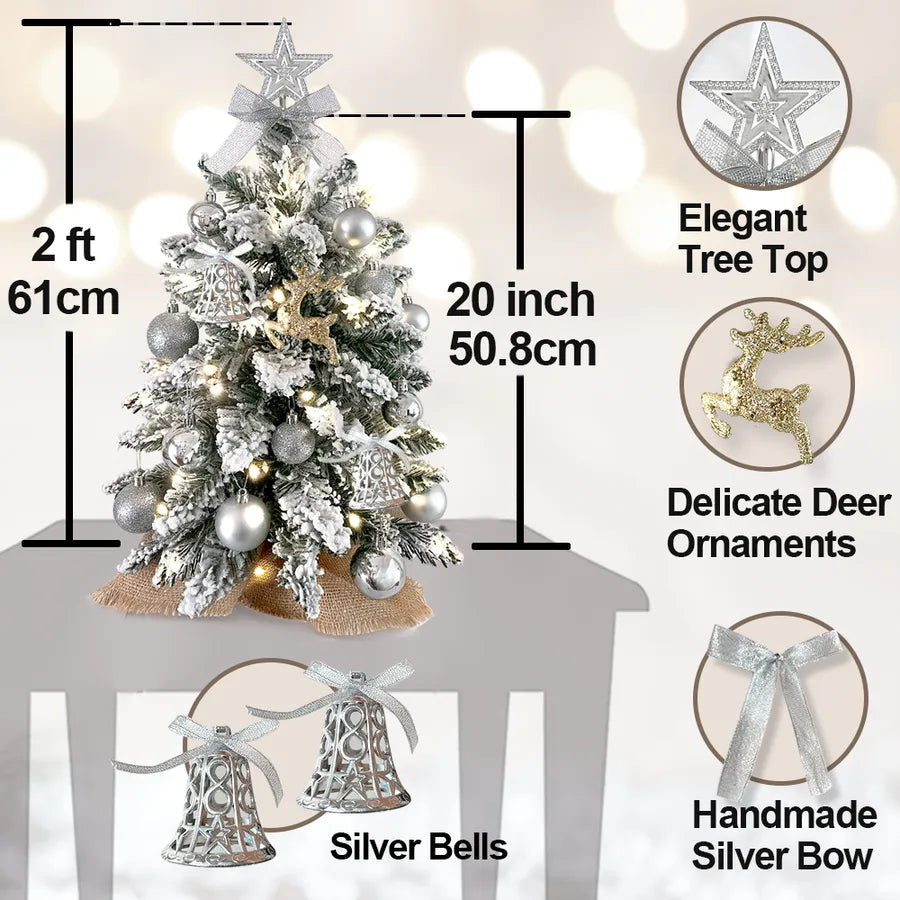 2ft Mini Christmas Tree With Light Artificial Small Tabletop Christmas Decoration With Flocked Snow, Exquisite Decor & Xmas Ornaments For Table Top For Home & Office - My Store