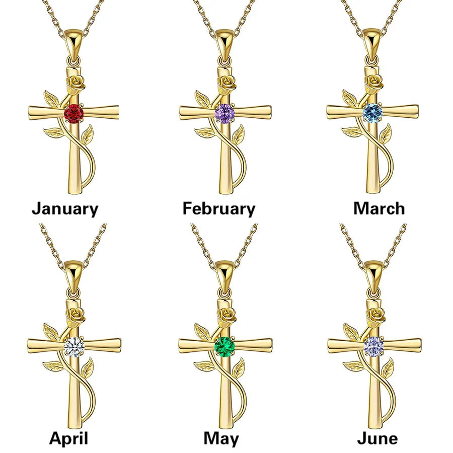 Rose Cross Birthstone Necklace - My Store